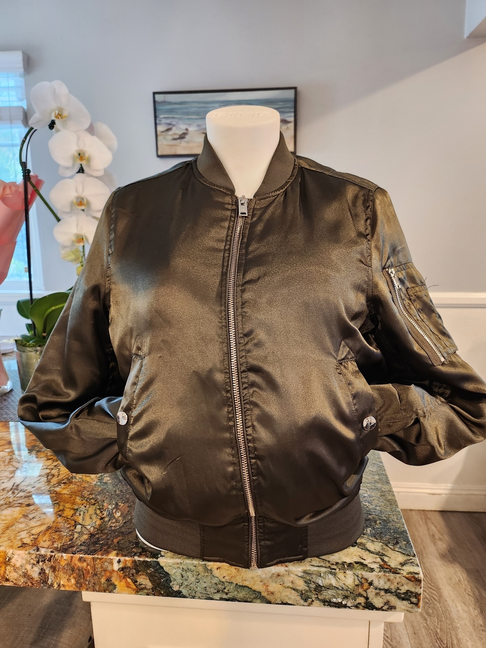 Mango Black Satin Bomber Jacket with Silver Zip - Picture 5 of 9